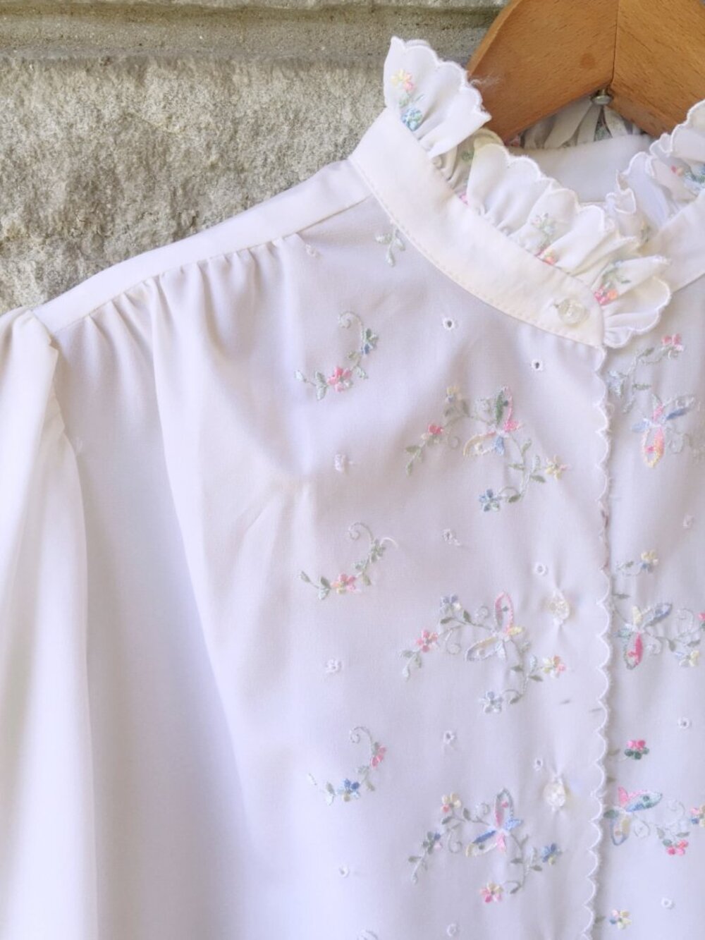 Vintage Ruffled White Chiffon Blouse with Butterly Embrodiery